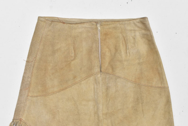 Vintage Brown Real Leather DALLAS Tassel Straight Pencil Knee Length Skirt Size S UK6 W25 L22