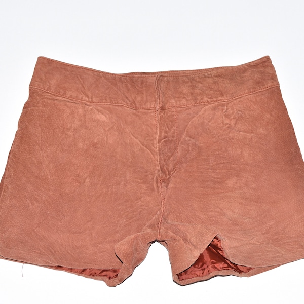 Vintage FOREVER21 Women's Leather Biker High Waist Brown Hot Pants Shorts Size W32" UK14