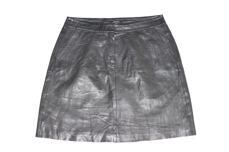 Vintage Black Real Leather PAPRIKA Straight Pencil Short Length Skirt Size UK16 W31 image 3