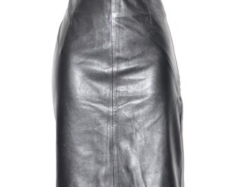 Vintage Black Real Leather PANTERA Straight Pencil Knee Length Skirt Size UK10 W29"