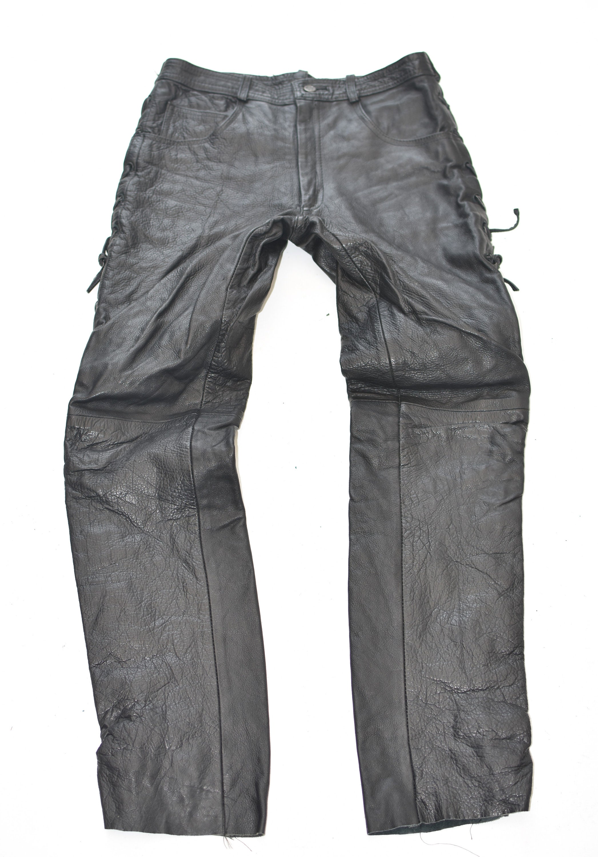 Image of Vintage Black Genuine Leather Lace Up Motorcycle Biker Rocker Men's Trousers Pants Size W29" L32"