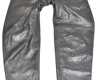 Vintage FASHION CLUB Women's Real Leather Biker Pleated Black Trousers Pants Size W24" L31"