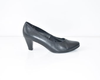 Vintage Black Genuine Leather JANA Mid Heel Court Women's Shoes Heels Size UK5.5 EUR38.5 US7.5