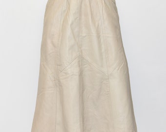 Vintage Beige Real Leather A-Line Flare Swing Pockets Midi Length Skirt Size UK8 W27"