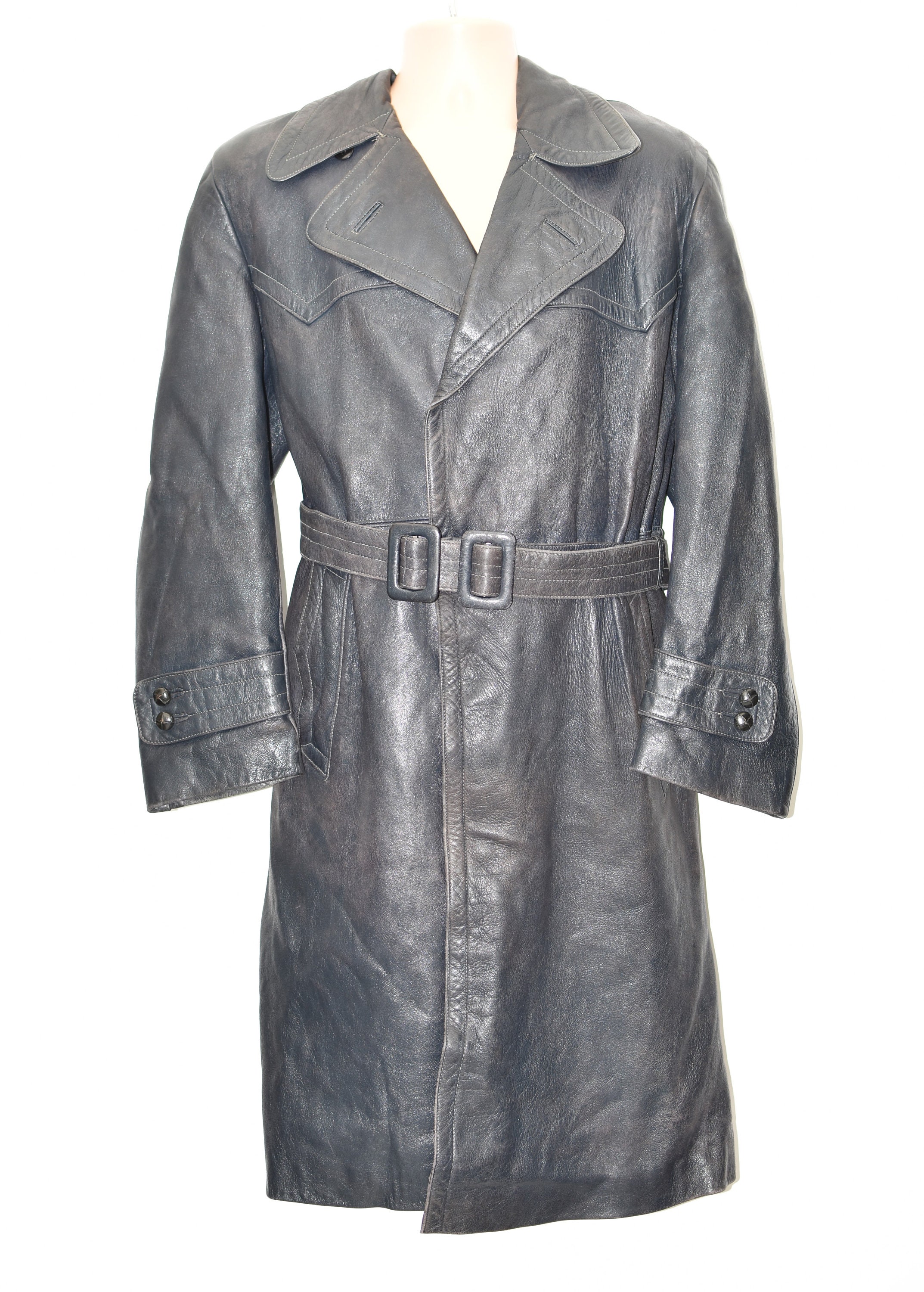 Image of Vintage Blue Real Leather Military Motorcycle Rocker Biker Long Men's Coat Jacket Size L