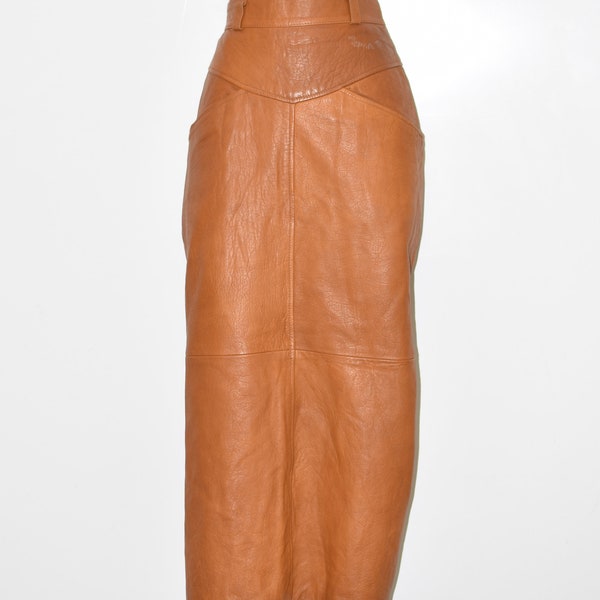 Vintage Women's Real Leather Straight Pencil Midi Length Brown Skirt Size UK14 W29"