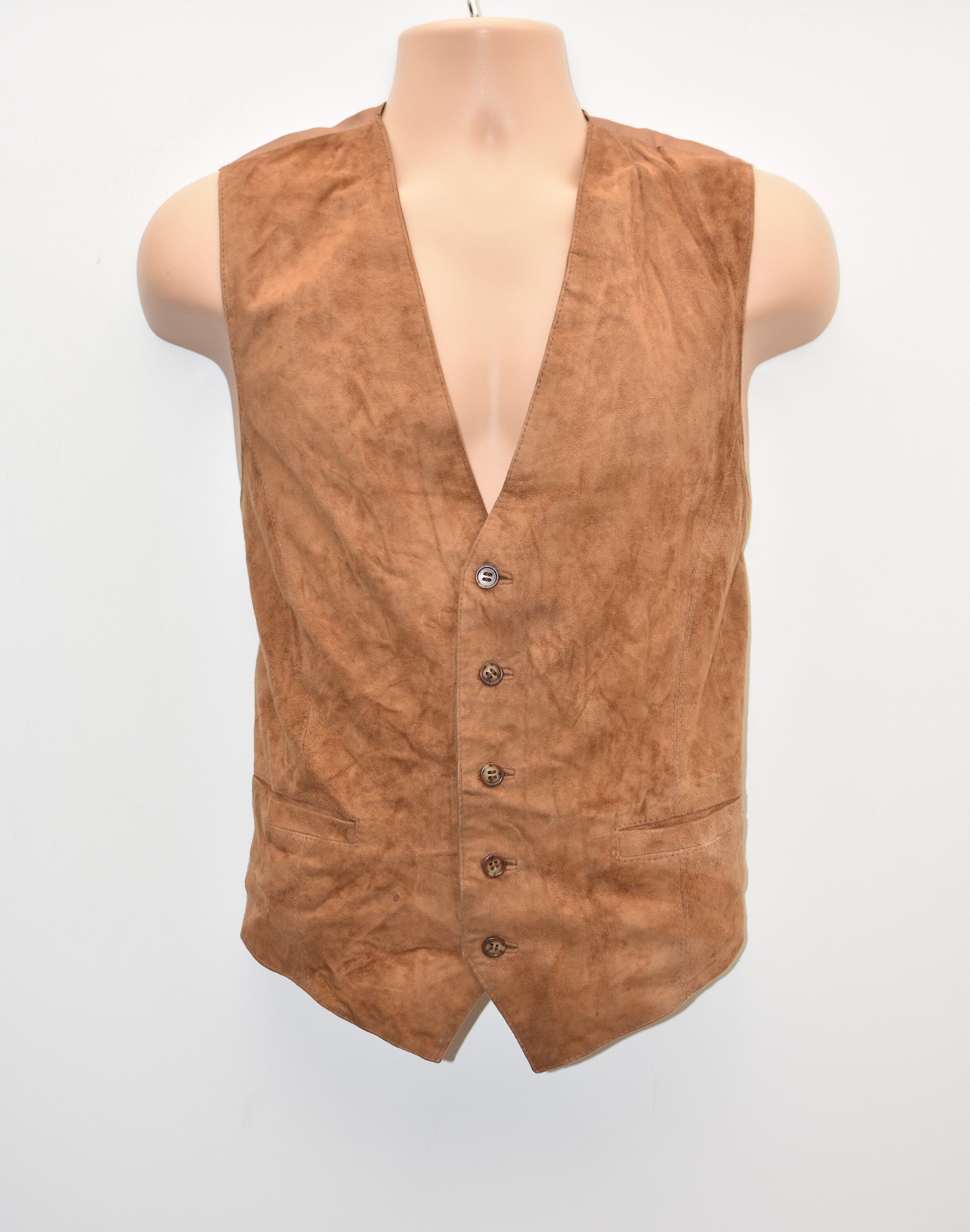 Image of Vintage Brown Real Leather Cowboy Western Biker Vest Men's Waistcoat Size L