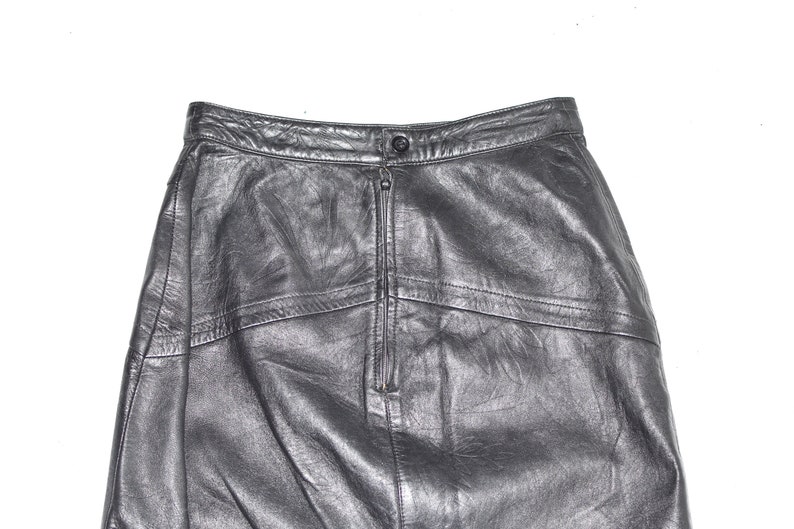Vintage Black Real Leather PICCOLO Straight Pencil Midi Length Skirt Size UK6 W25