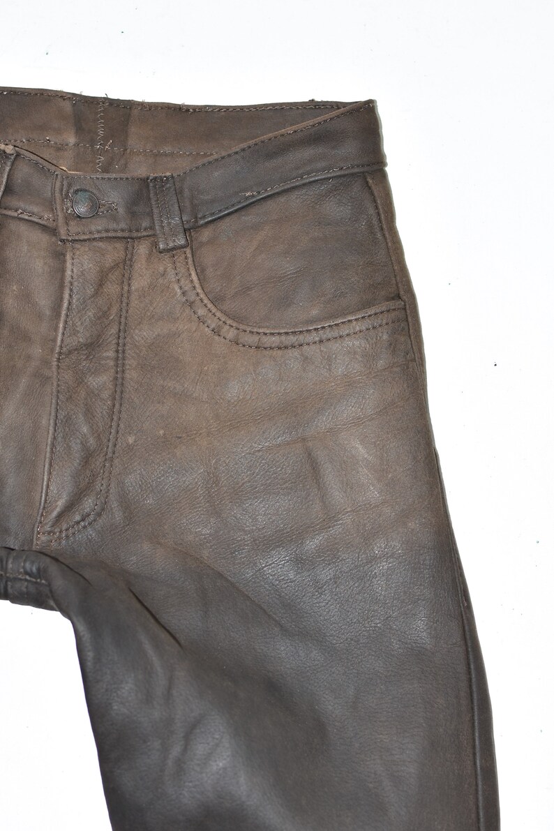 Vintage Men's Real Leather Motorcycle Biker Brown Trousers Pants Size W30 L33 image 4