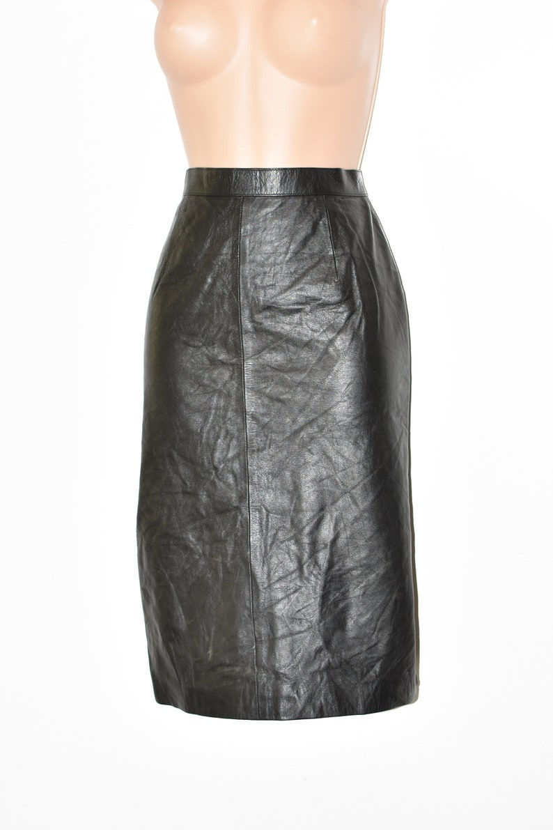 Vintage Women's Real Leather Straight Pencil Knee Length Black Skirt Size UK6 W25 image 3