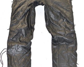 Vintage LINUS Lace Up Men's Real Leather Motorcycle Biker Black Trousers Pants Size W30" L31"