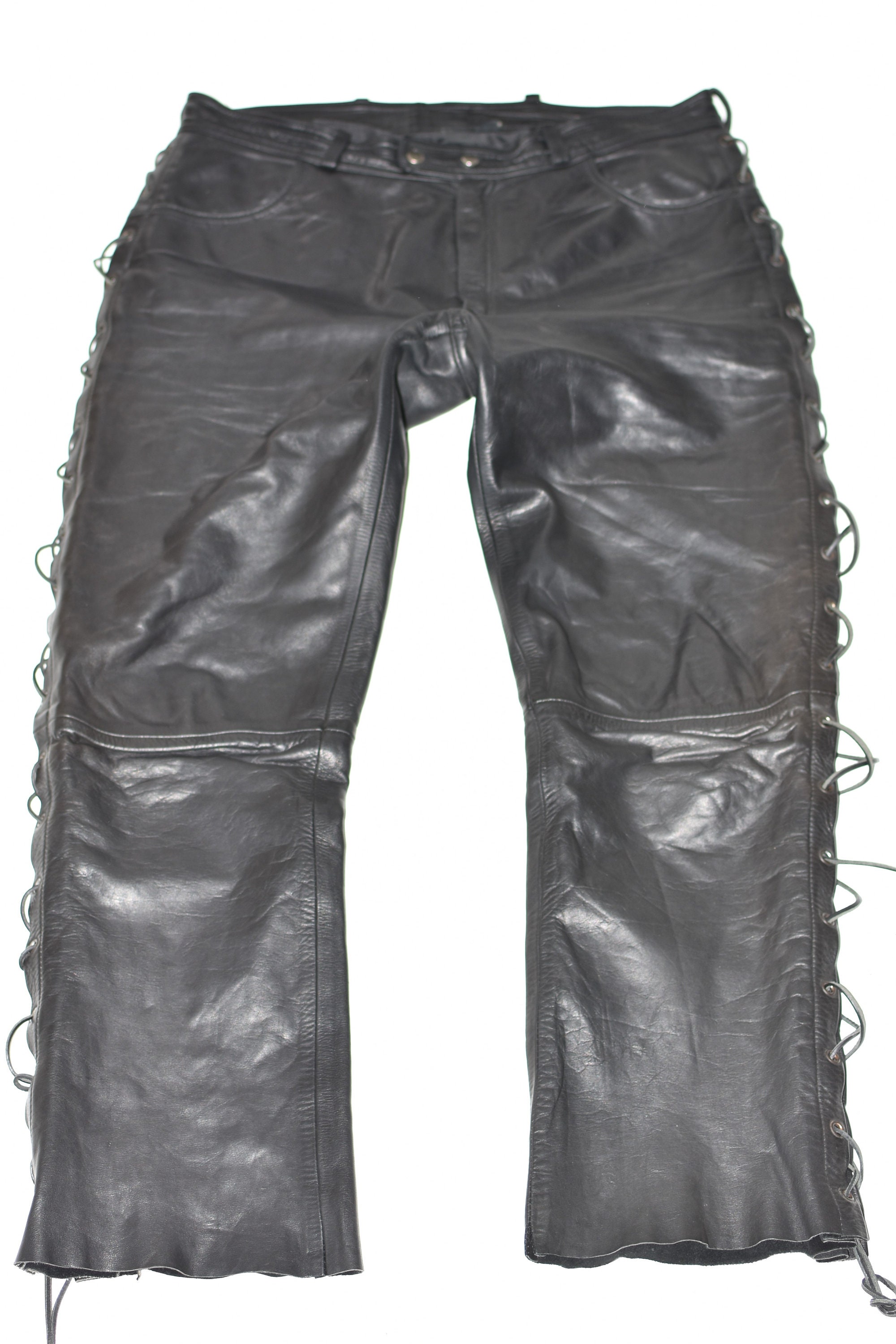 Image of Vintage Black Genuine Leather Wr Biker Lace Up Motorcycle Trousers Pants Size W35" L31"