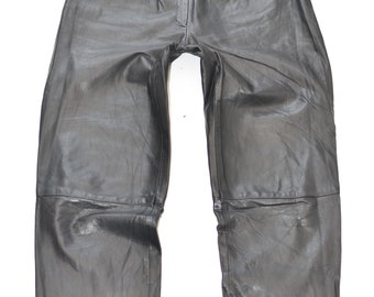 Vintage Black Genuine Leather Pleated Motorcycle Biker Casual Women's Pants Trousers Size  UK14 US10 W30" L27"