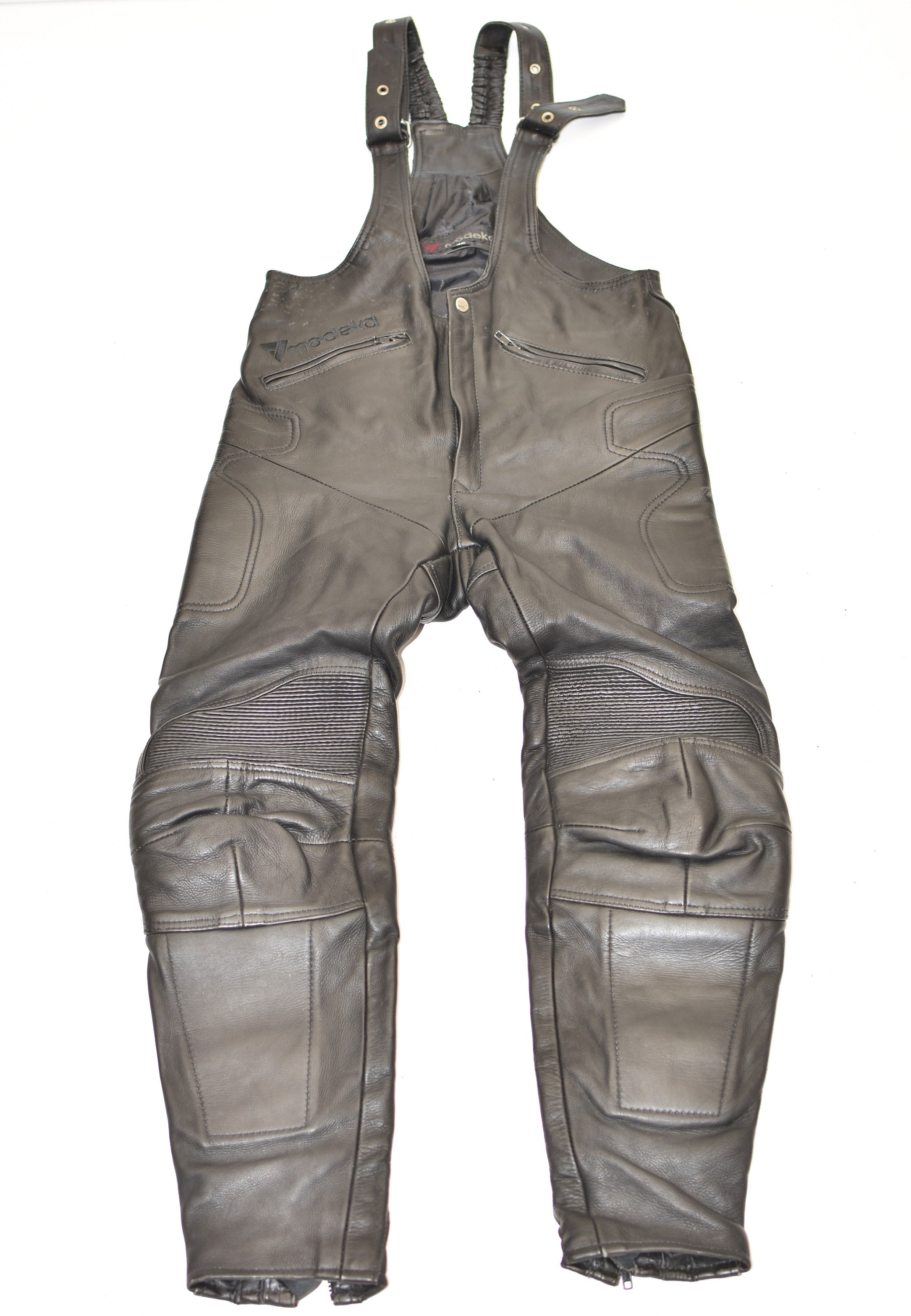 Image of Vintage Black Real Leather Modeka Biker Motorcycle Men's Trousers Dungaree Overall Size W34" L29"