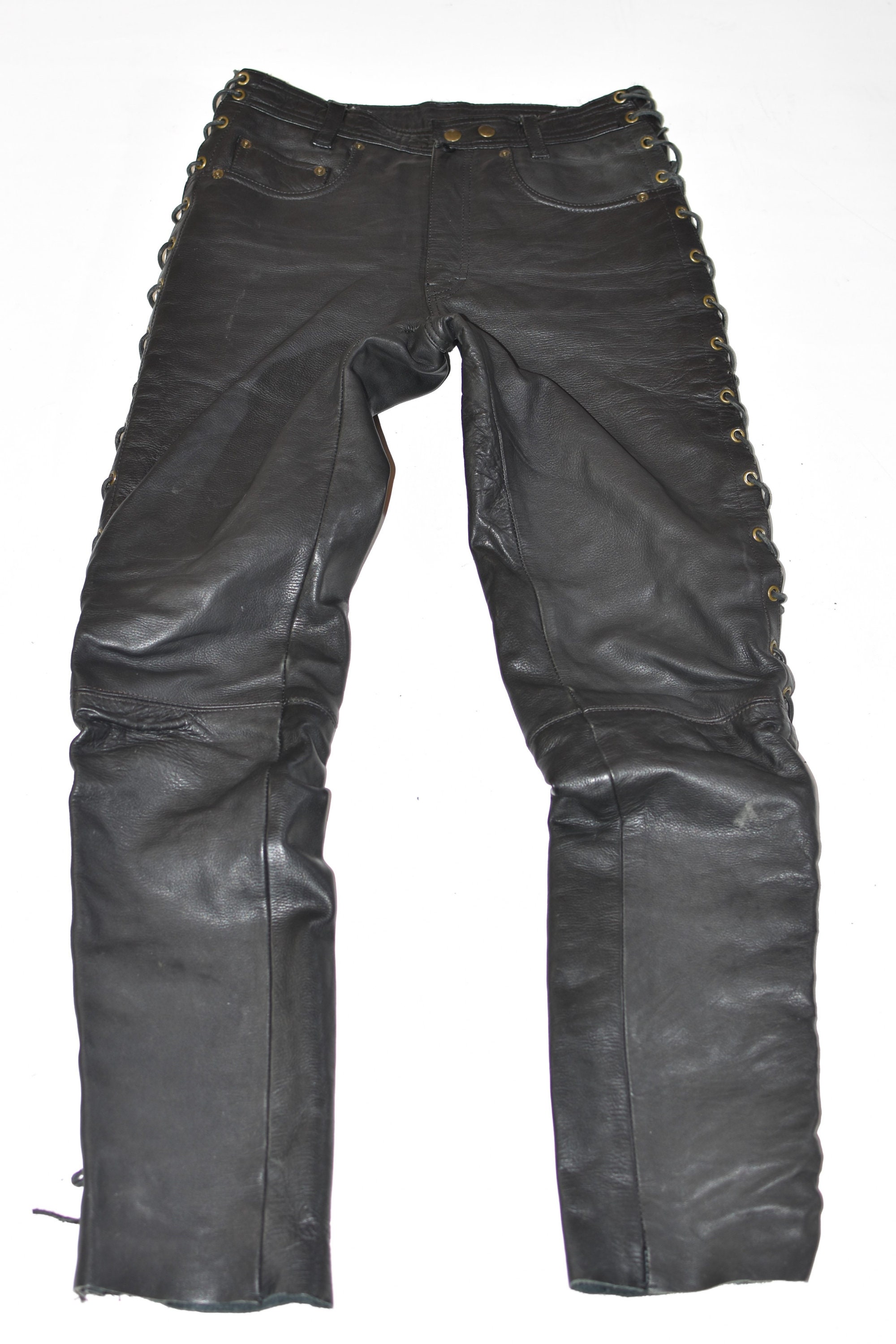 Image of Vintage Black Genuine Leather Polo Biker Lace Up Motorcycle Men's Trousers Pants Size W29" L33"