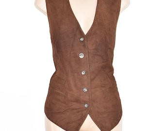 GERRY WEBER Women's Real Leather Western 70s Casual Brown Vest Waistcoat Size L