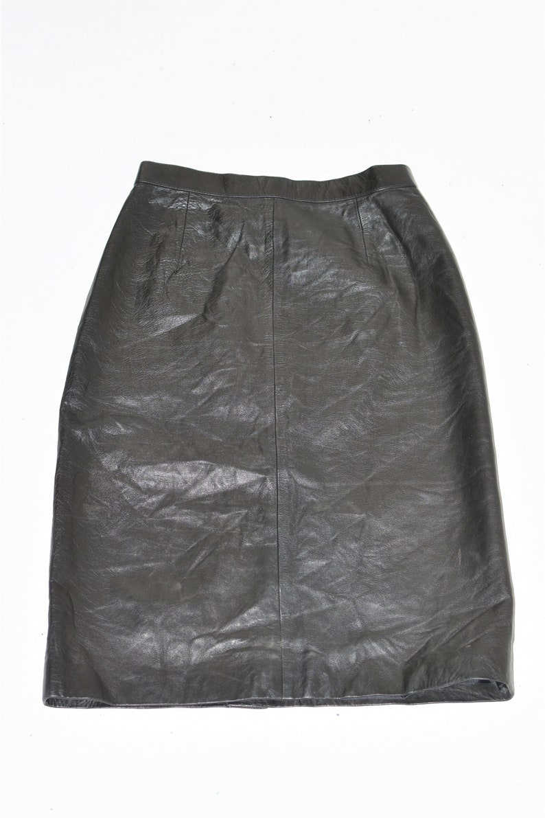 Vintage Women's Real Leather Straight Pencil Knee Length Black Skirt Size UK6 W25 image 4