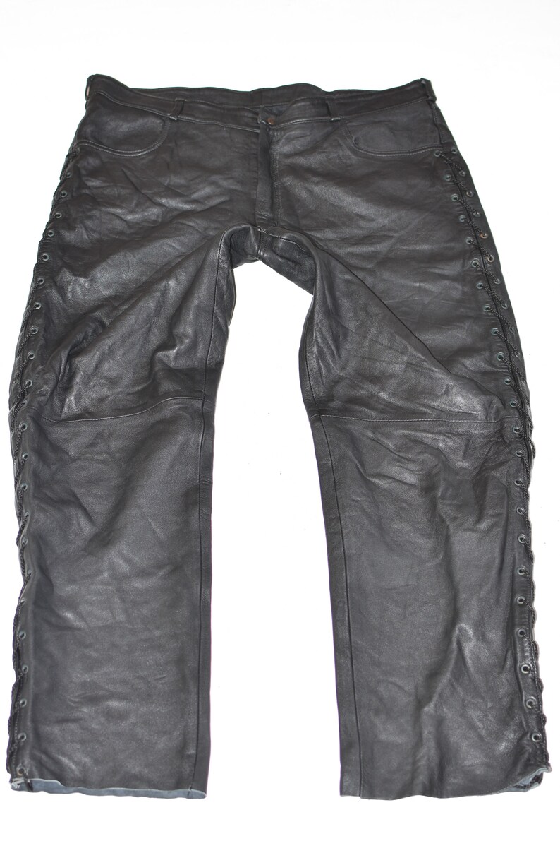 Vintage Black Genuine Leather Lace Up Biker Motorcycle Men/'s Trousers Pants Size W39 L31