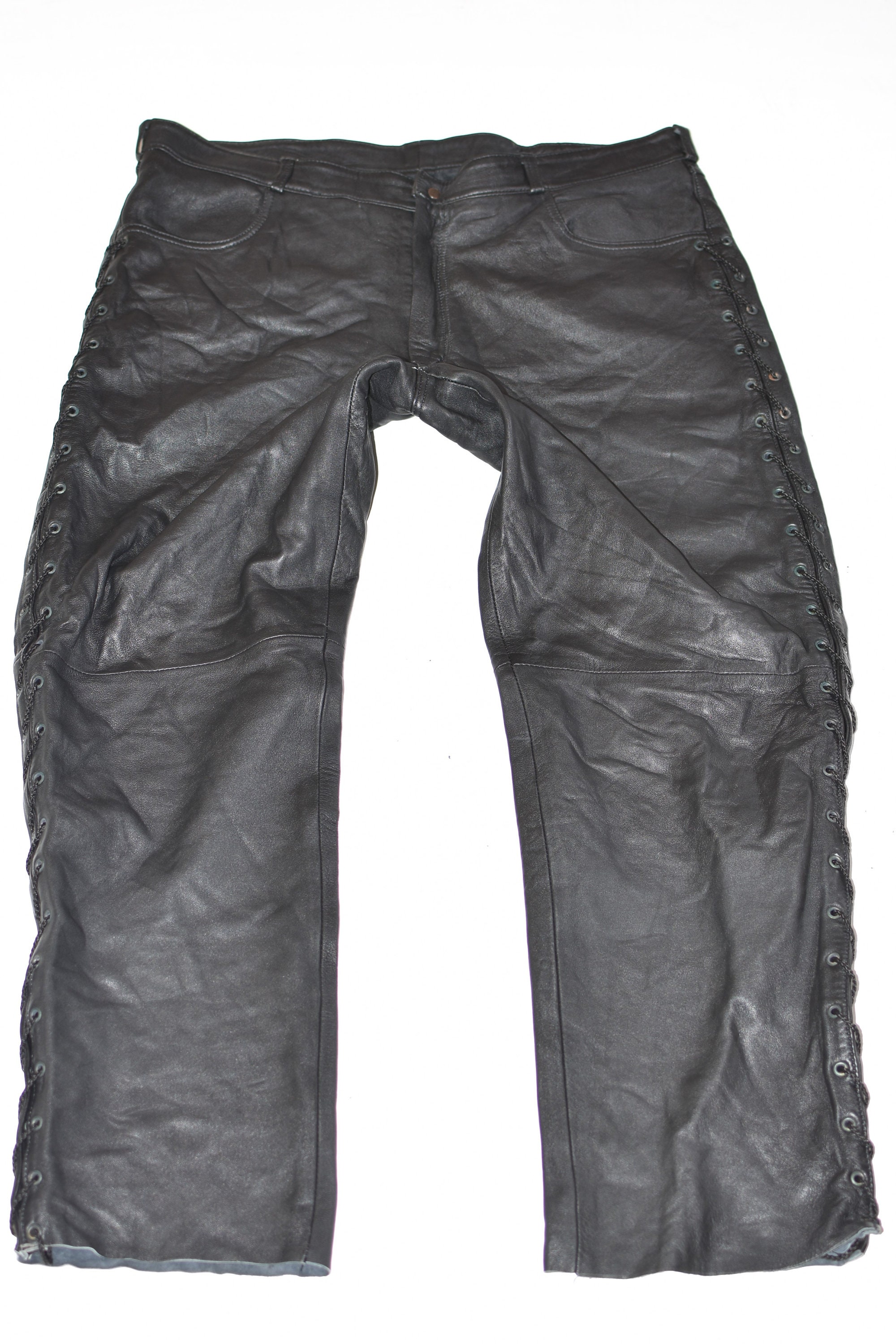 Image of Vintage Black Genuine Leather Lace Up Biker Motorcycle Men's Trousers Pants Size W39" L31"