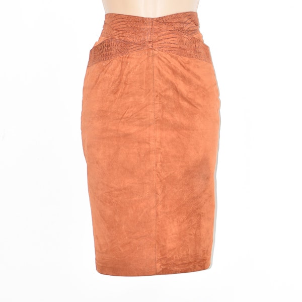 Vintage Women's Real Leather Straight Pencil Midi Length Orange Skirt Size UK14 W30"