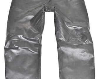 Vintage Black Real Leather Straight Biker Motorcycle Men's Trousers Pants Size W41" L31"