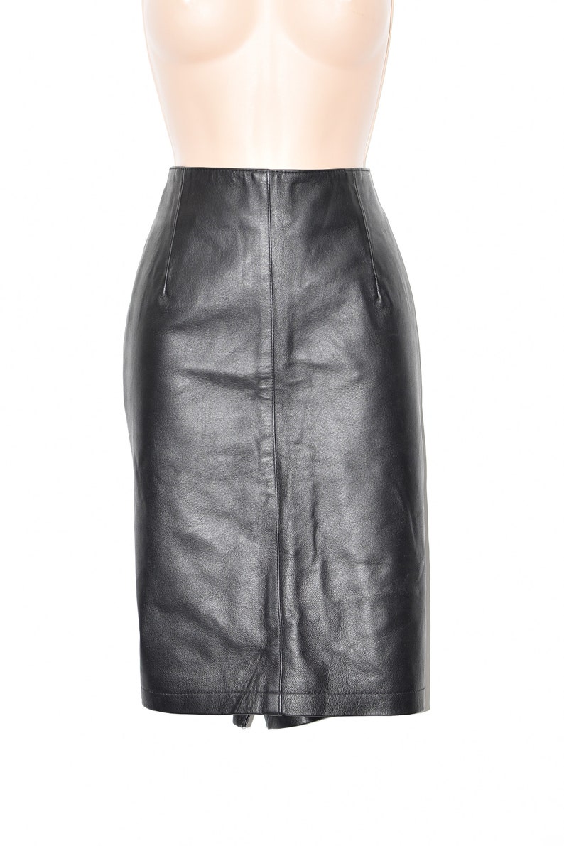 Vintage Black Real Leather ZIGGA Straight Pencil Knee Length Skirt Size UK12 W32 image 1