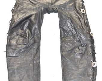 Vintage Men's Lace Up Real Leather Biker Motorcycle Black Trousers Pants Size W35" L29"