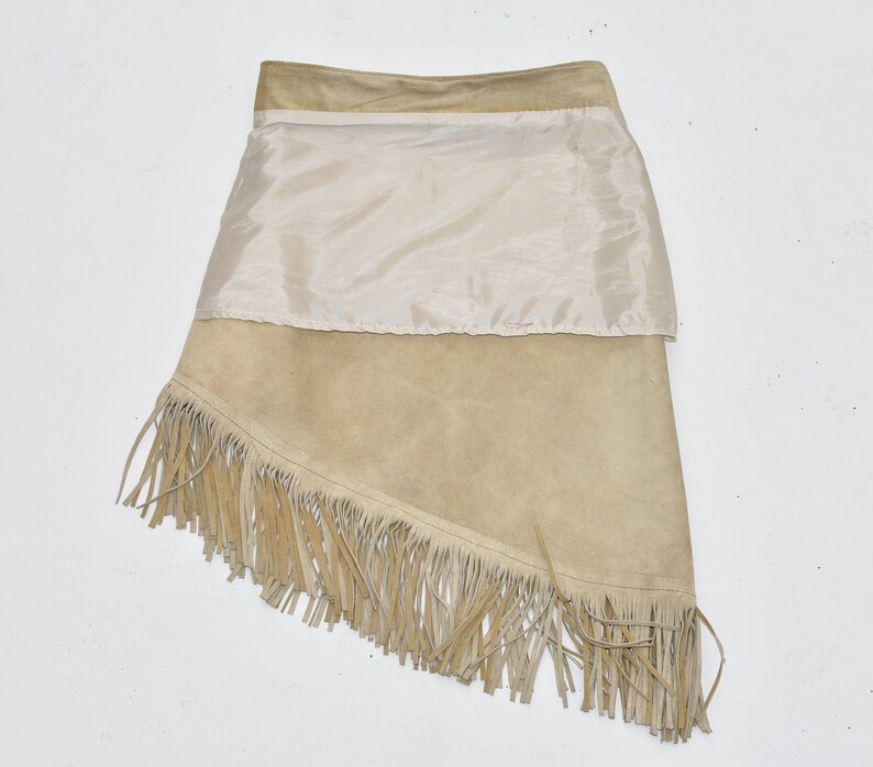 Vintage Brown Real Leather DALLAS Tassel Straight Pencil Knee Length Skirt Size S UK6 W25 L22