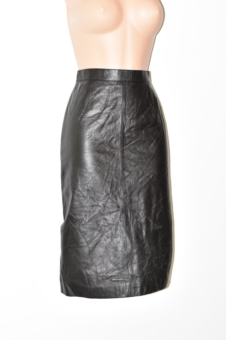 Vintage Women's Real Leather Straight Pencil Knee Length Black Skirt Size UK6 W25 image 2