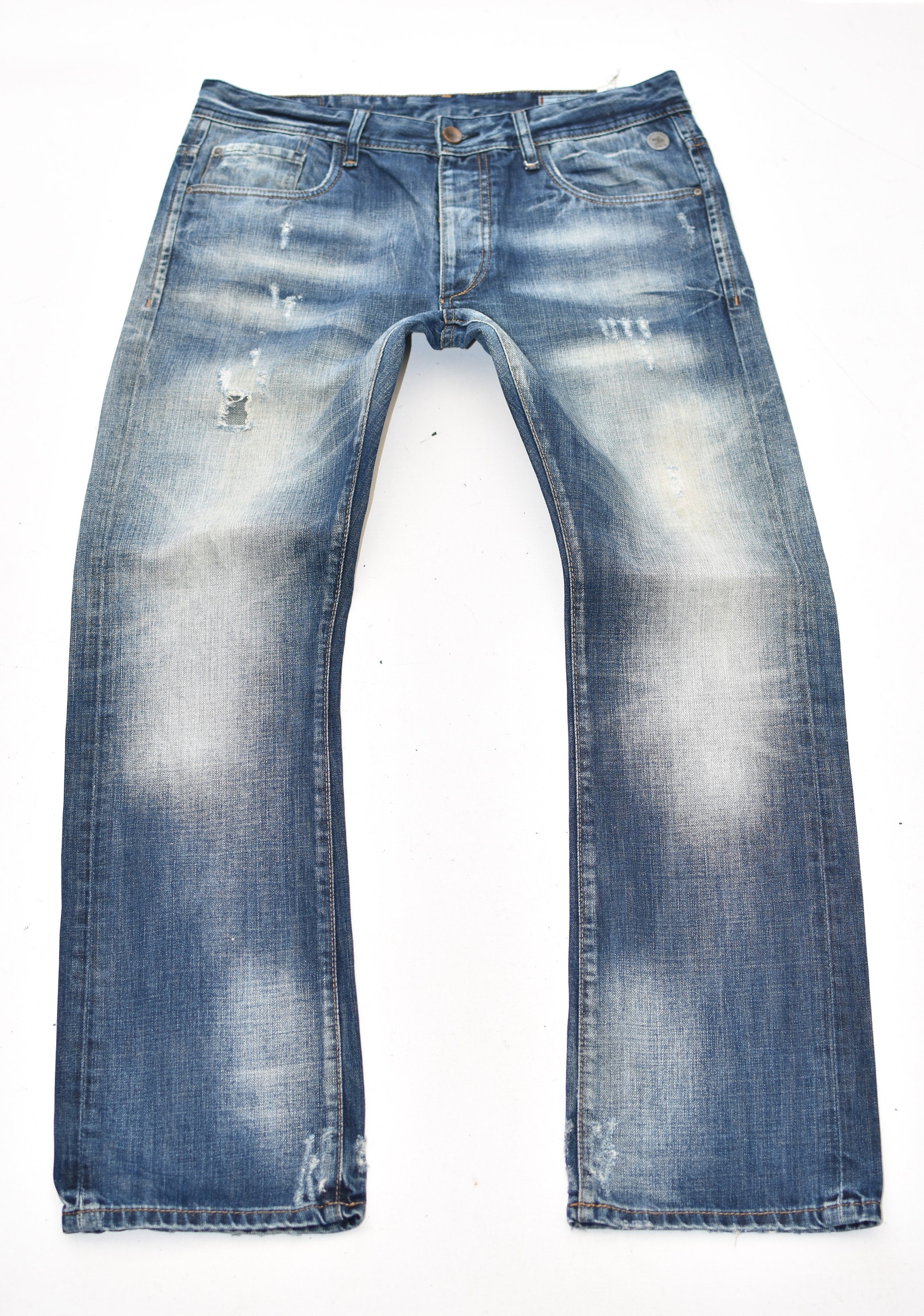 Image of Vintage Blue Denim Jack&jones Straight Ripped Button Fly Men's Jeans Size W34" L31"