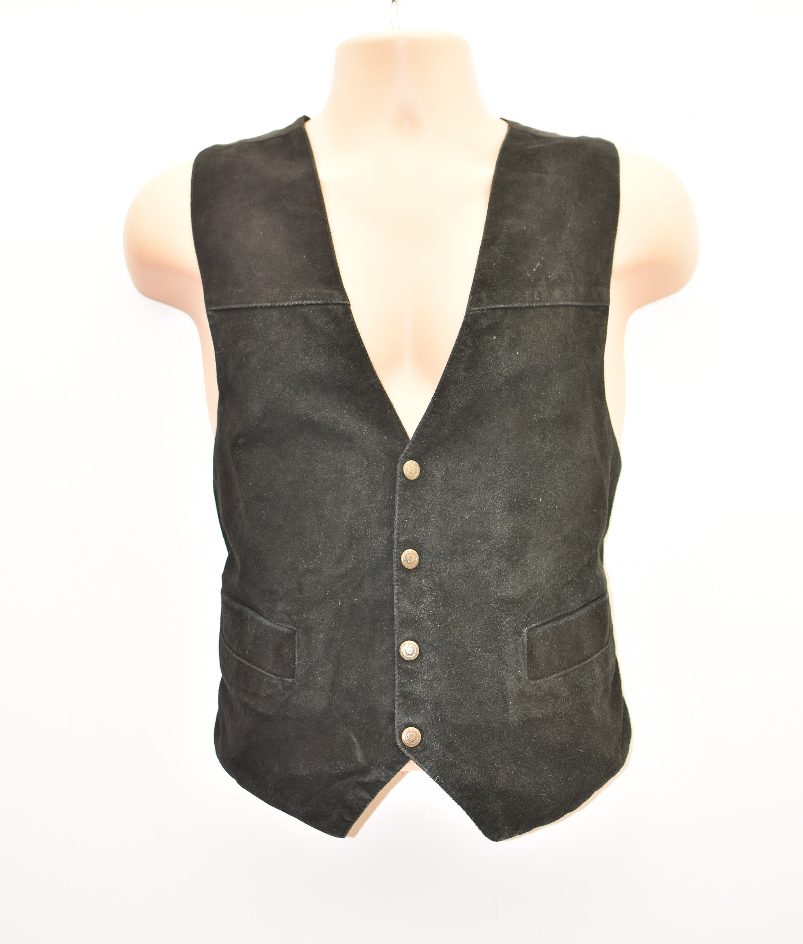 Image of Vintage Black Real Leather Copy Right Concept Western Biker Vest Men's Waistcoat Size M