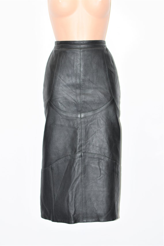 Vintage Black Real Leather Straight Pencil Midi L… - image 1