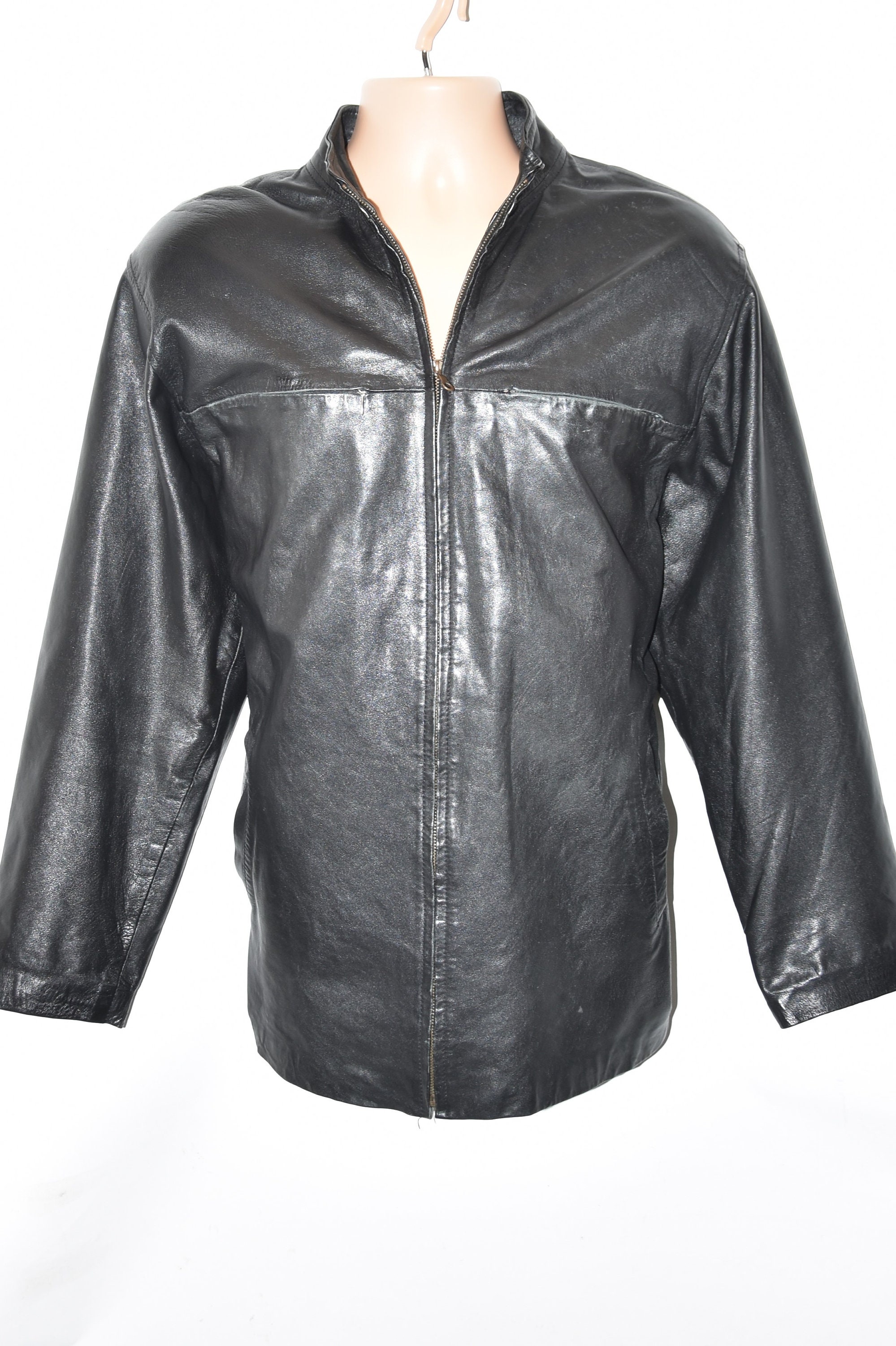 Image of Vintage Black Genuine Leather Biker Hips Length Zip Men's Coat Jacket Size L