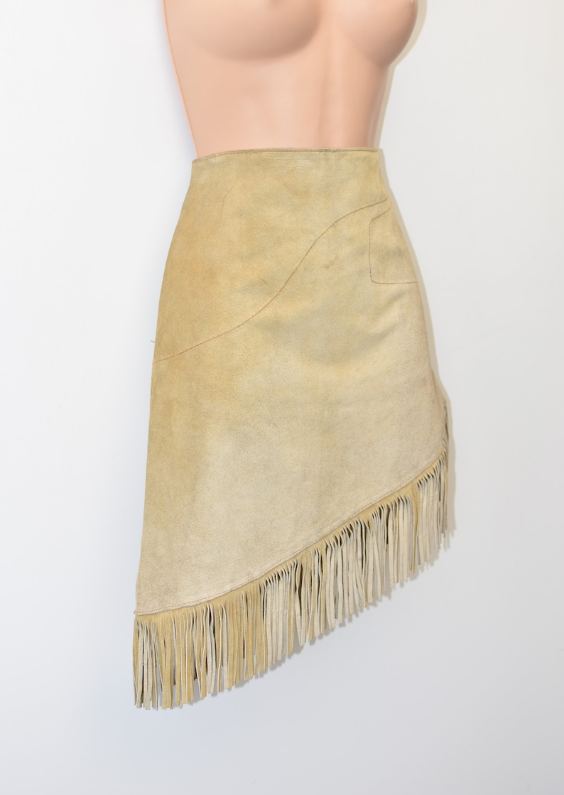 Vintage Brown Real Leather DALLAS Tassel Straight Pencil Knee Length Skirt Size S UK6 W25 L22