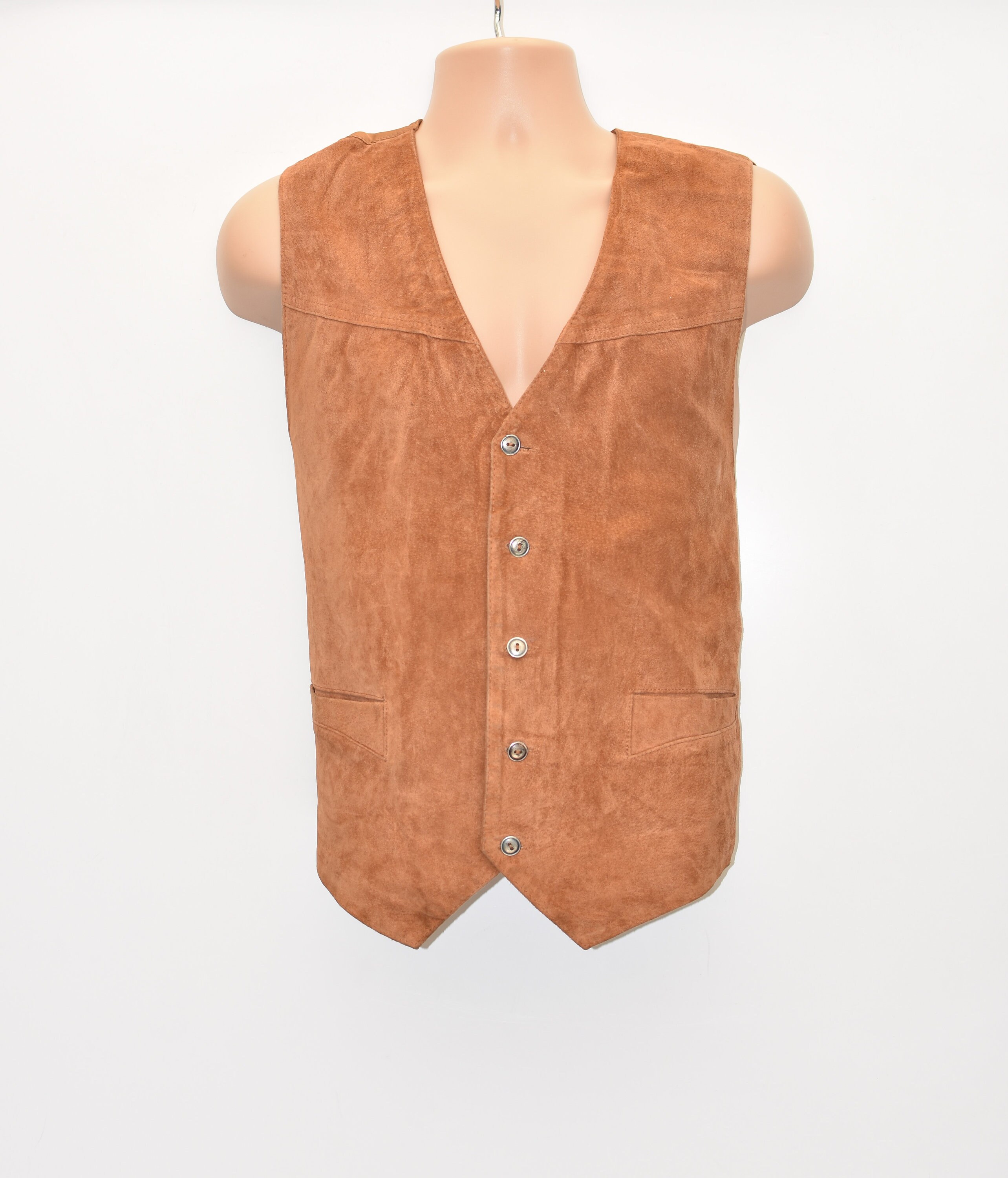Image of Vintage Brown Real Leather Cowboy Western Biker Vest Men's Waistcoat Size Xl