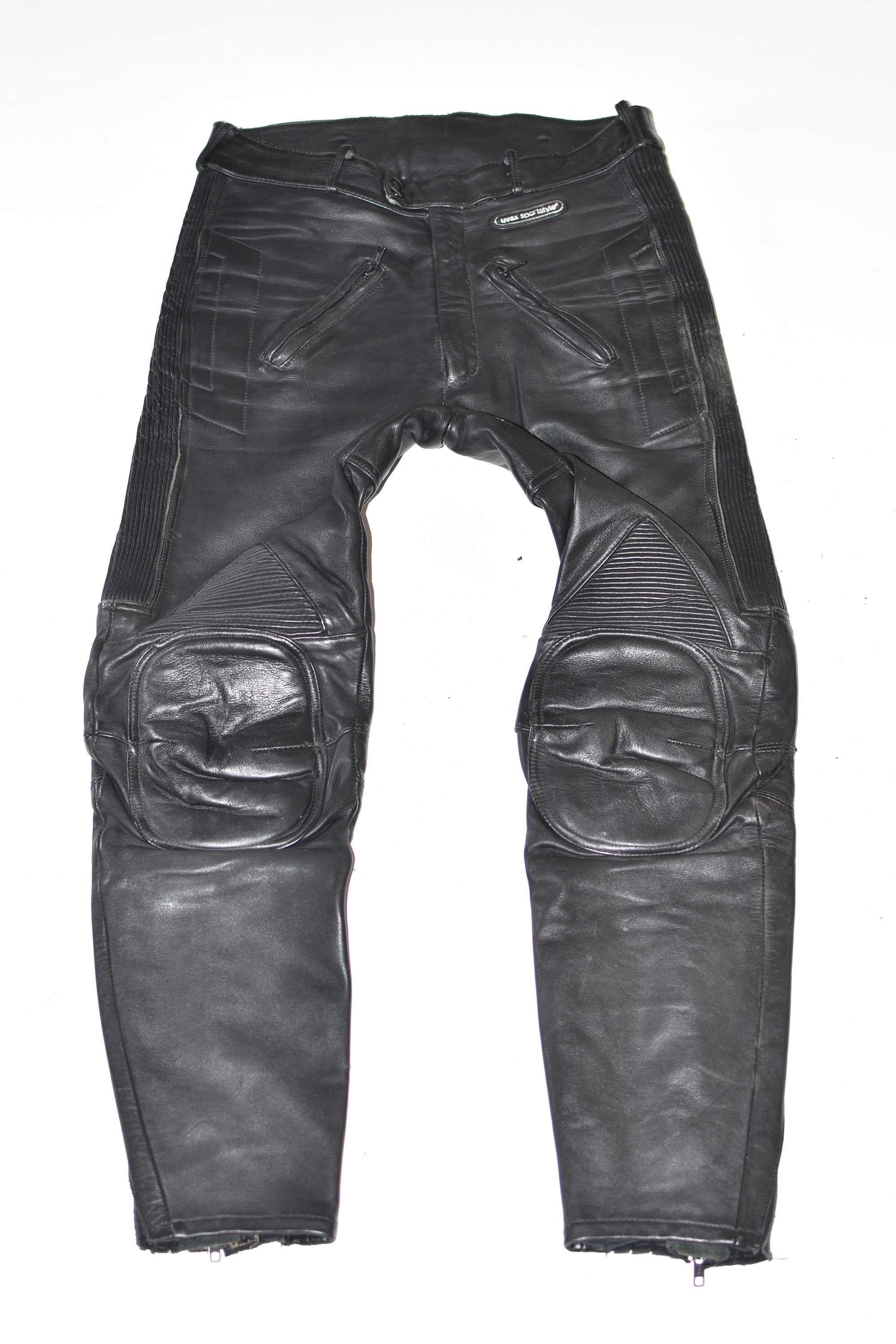 Image of Vintage Black Genuine Leather Uvex Armour Tapered Biker Motorcycle Men's Trousers Pants Size W32" L29"