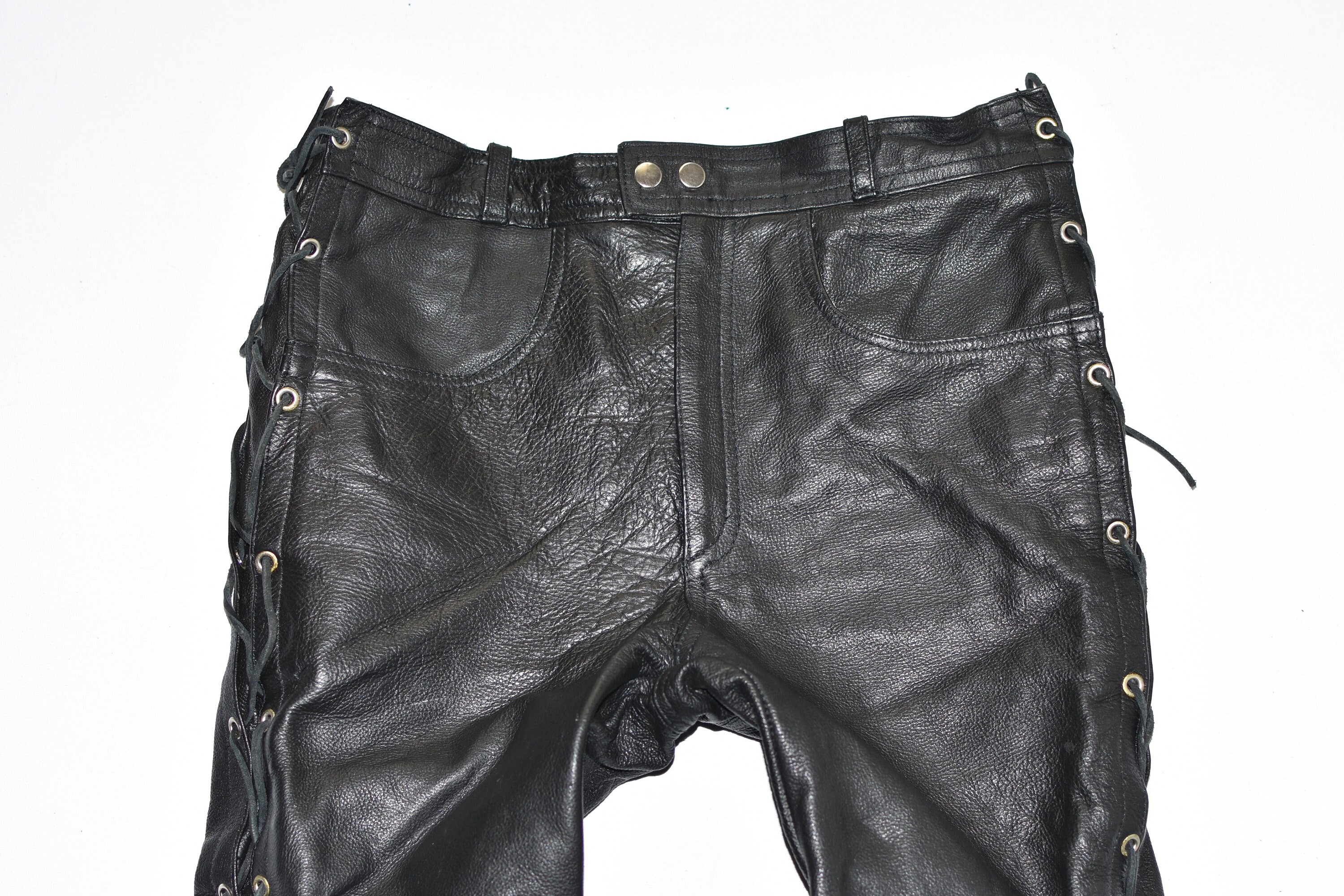 Vintage Lace up Men's Leather Biker Motorcycle Black Trousers Pants ...