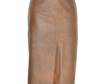 Vintage Women's Real Leather Straight Pencil Midi Length Brown Skirt Size UK12 W29"