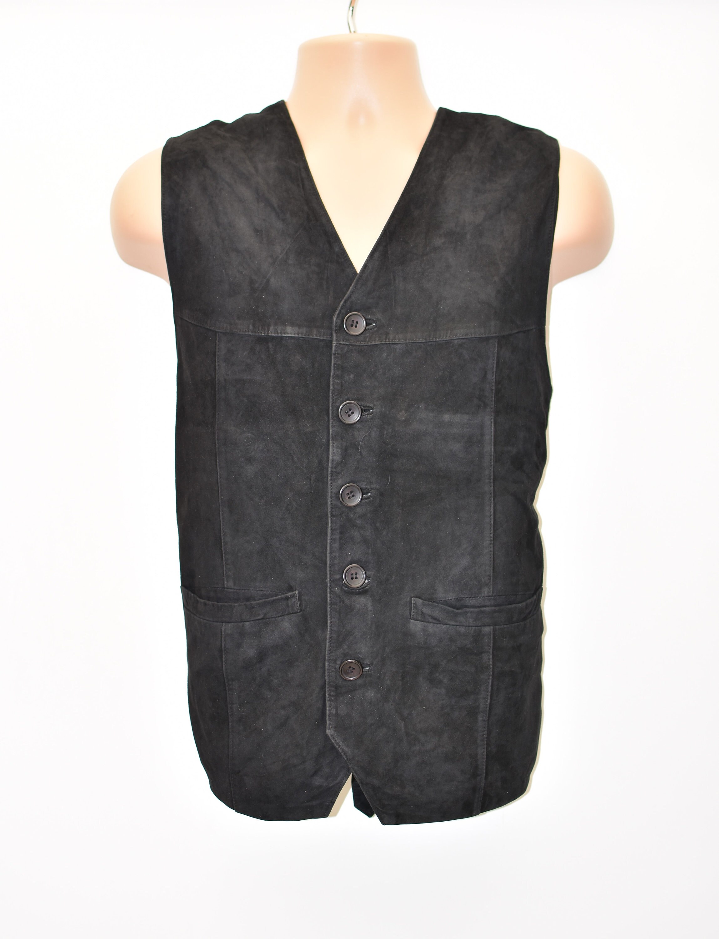 Image of Vintage Black Real Leather Rover Lakes Motorcycle Biker Vest Men's Waistcoat Size M
