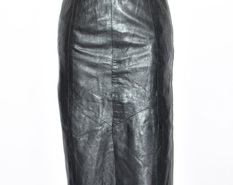 Vintage Black Real Leather Straight Pencil Midi Length Pockets Skirt Size S W26" L28"