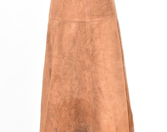 vintage ZIVA TELEM jupe trapèze évasée évasée en cuir véritable longueur midi marron taille UK8 W27"