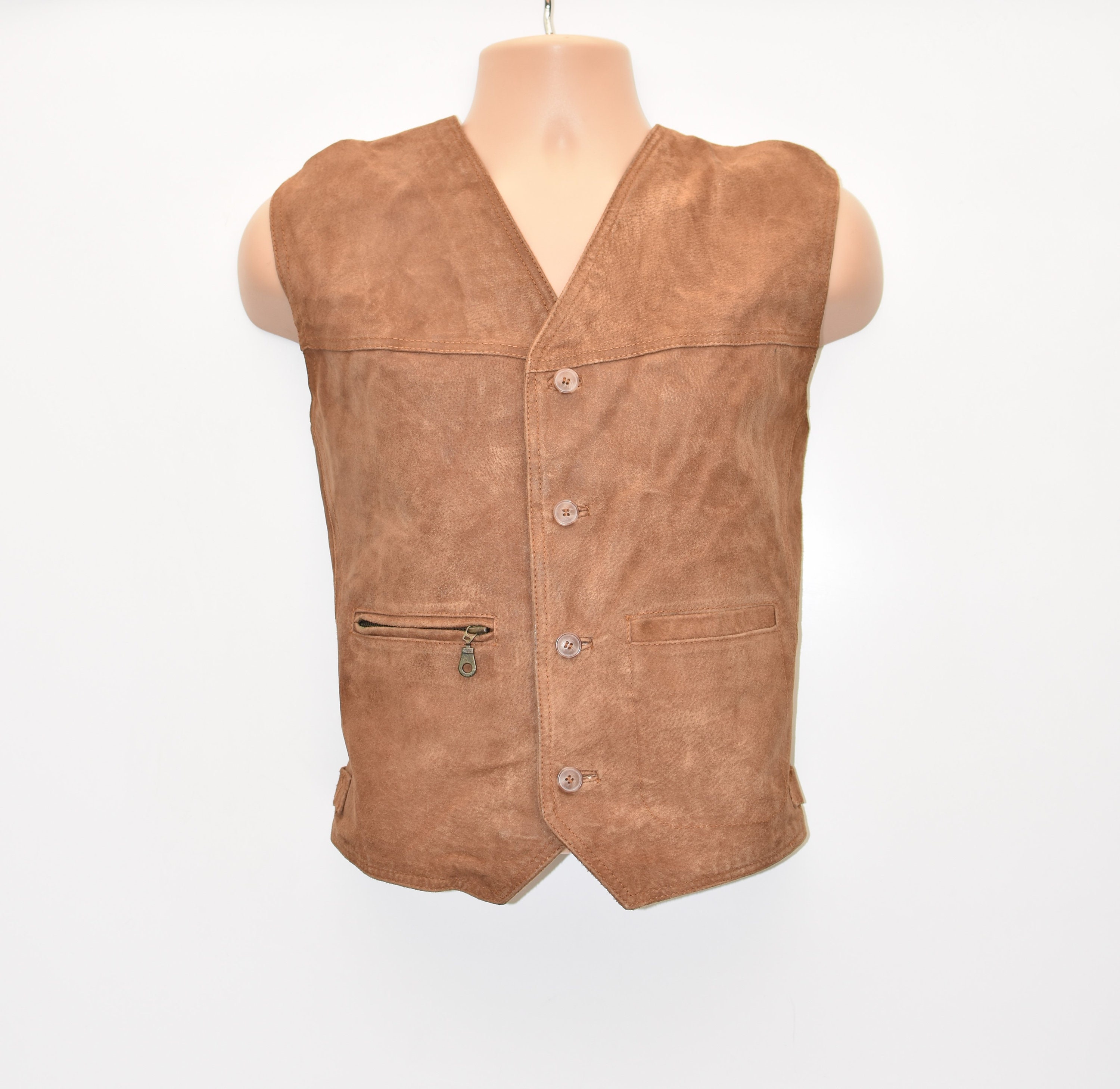Image of Vintage Brown Real Leather Basic Line Cowboy Western Biker Vest Men's Waistcoat Size M/L