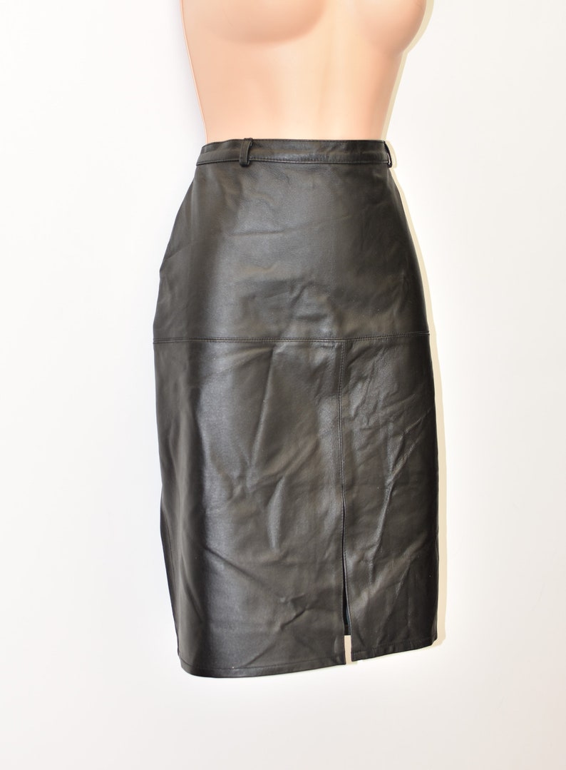 Vintage Black Real Leather Straight Pencil Knee Length Skirt Size M W30 L22 image 2