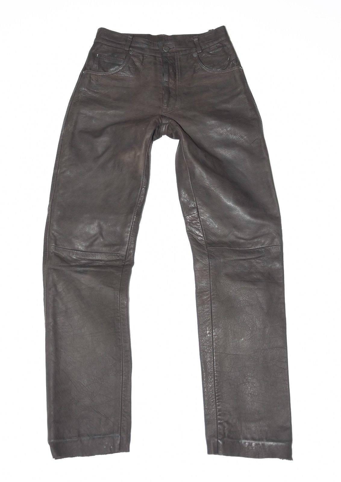 Image of Vintage Brown Genuine Leather Saki Straight Leg Biker Casual Men's Jeans Pants Trousers Size W26" L29"
