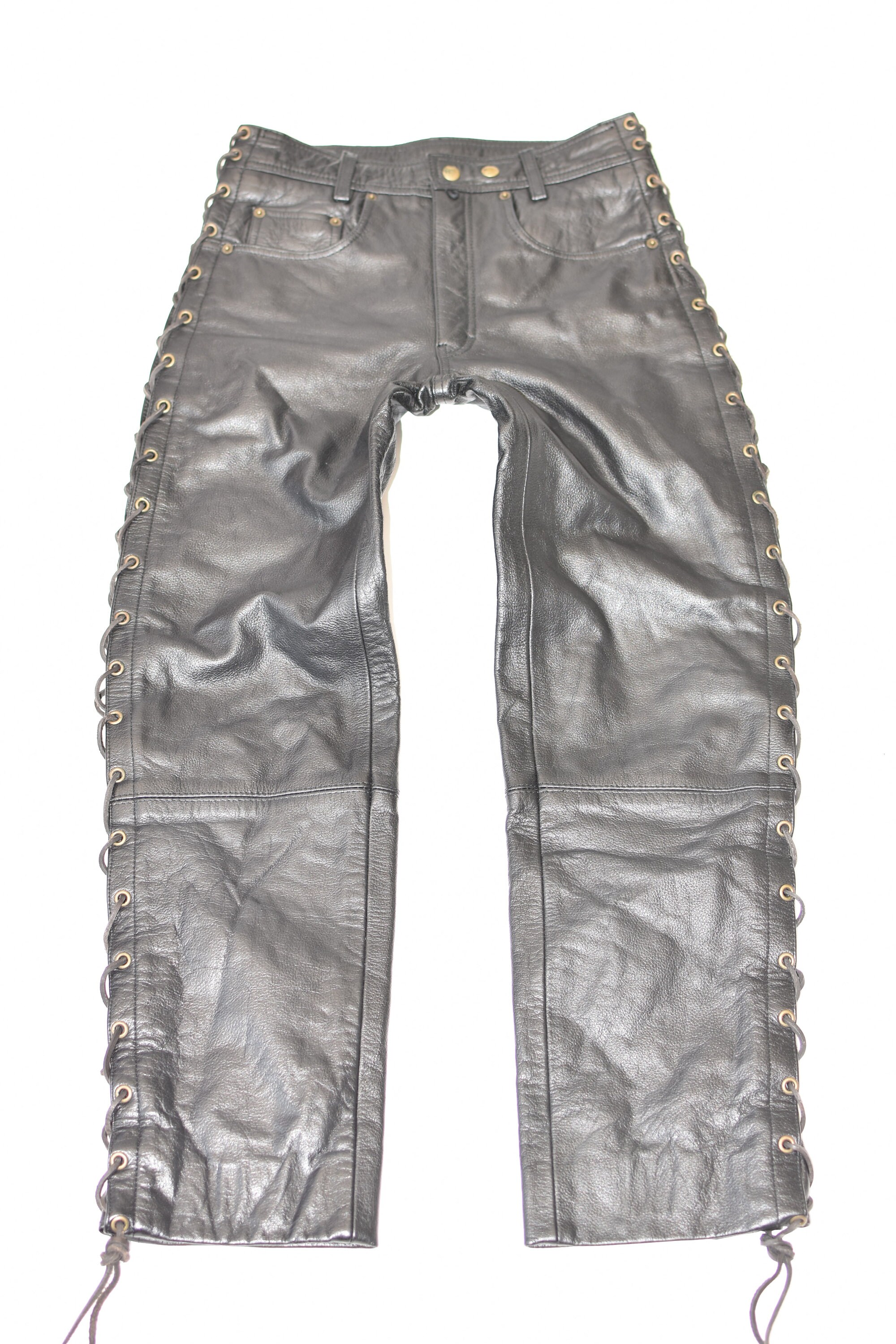 Image of Vintage Black Genuine Leather Polo Lace Up Straight Leg Biker Men's Pants Trousers Jeans Size W27" L28"