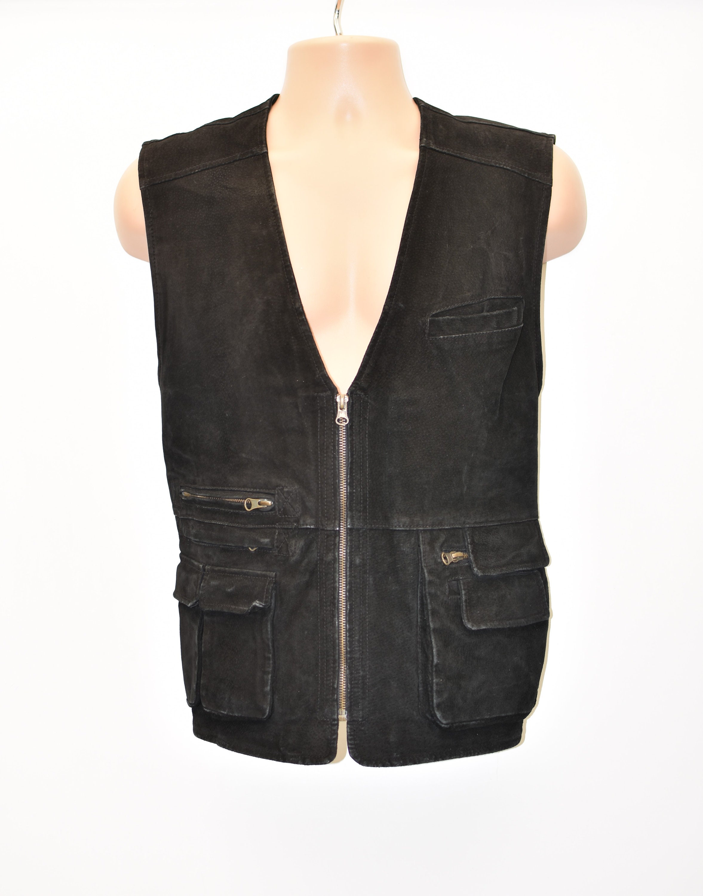 Image of Vintage Black Real Leather Shield Motorcycle Western Biker Vest Men's Waistcoat Size Xl