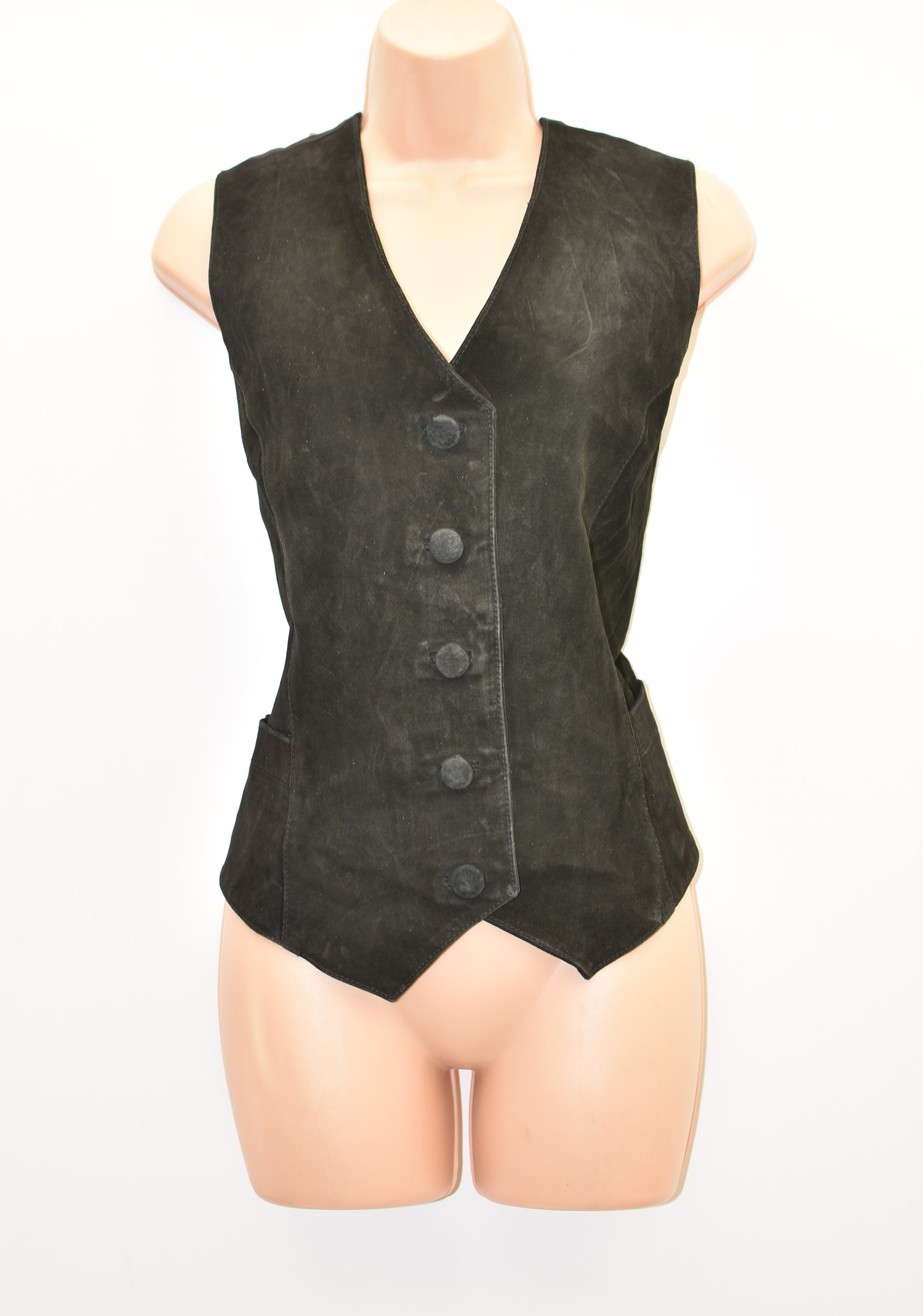 Image of Vintage Black Real Leather Alba Moda Biker Western Women's Vest Waistcoat Size Uk L