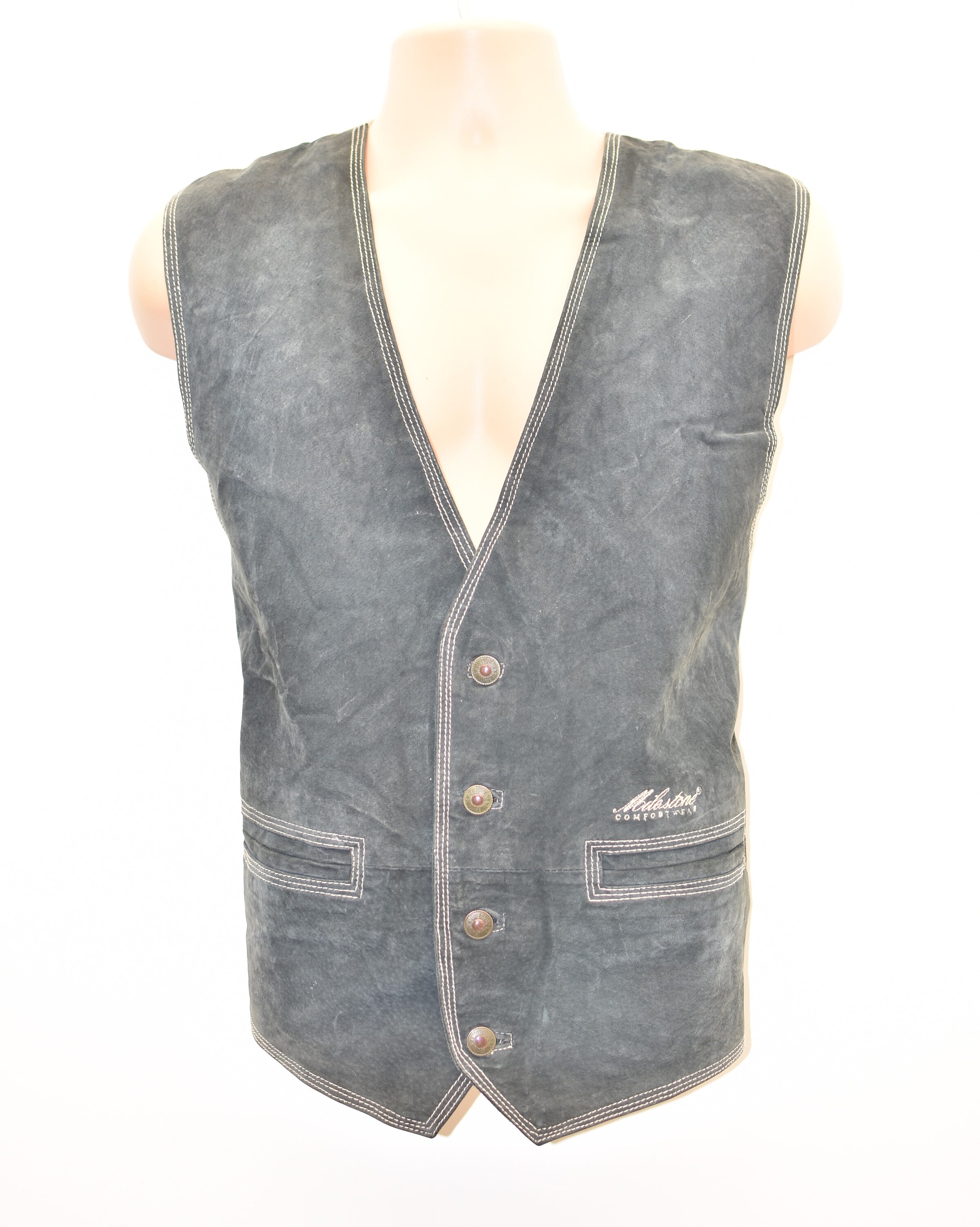 Image of Vintage Blue Real Leather Textile Milestone Western Biker Vest Men's Waistcoat Size Xl