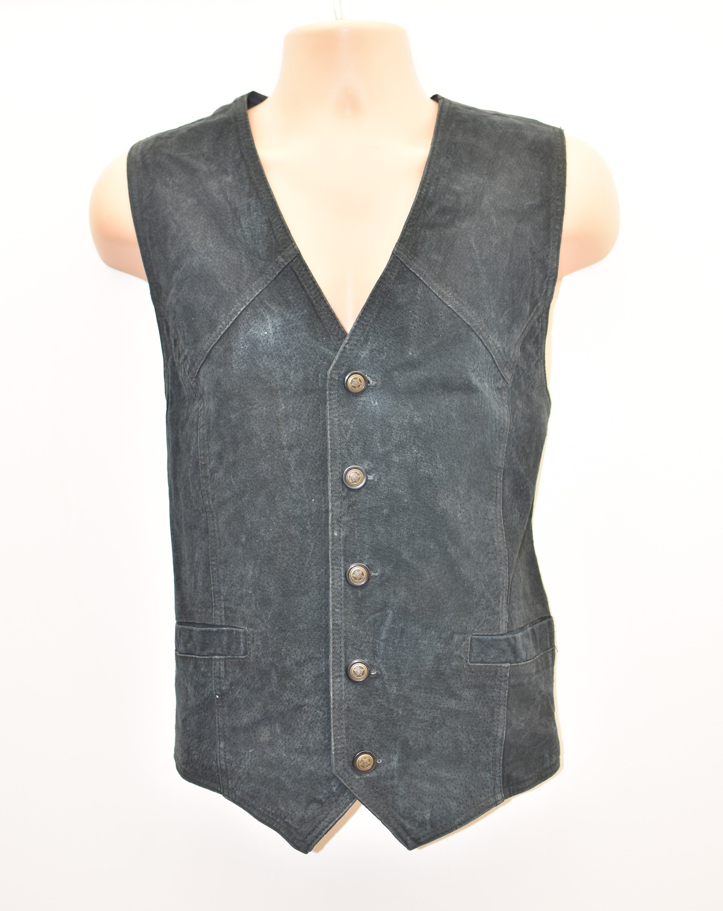 Image of Vintage Blue Real Leather M.flues Cowboy Western Biker Vest Men's Waistcoat Size L