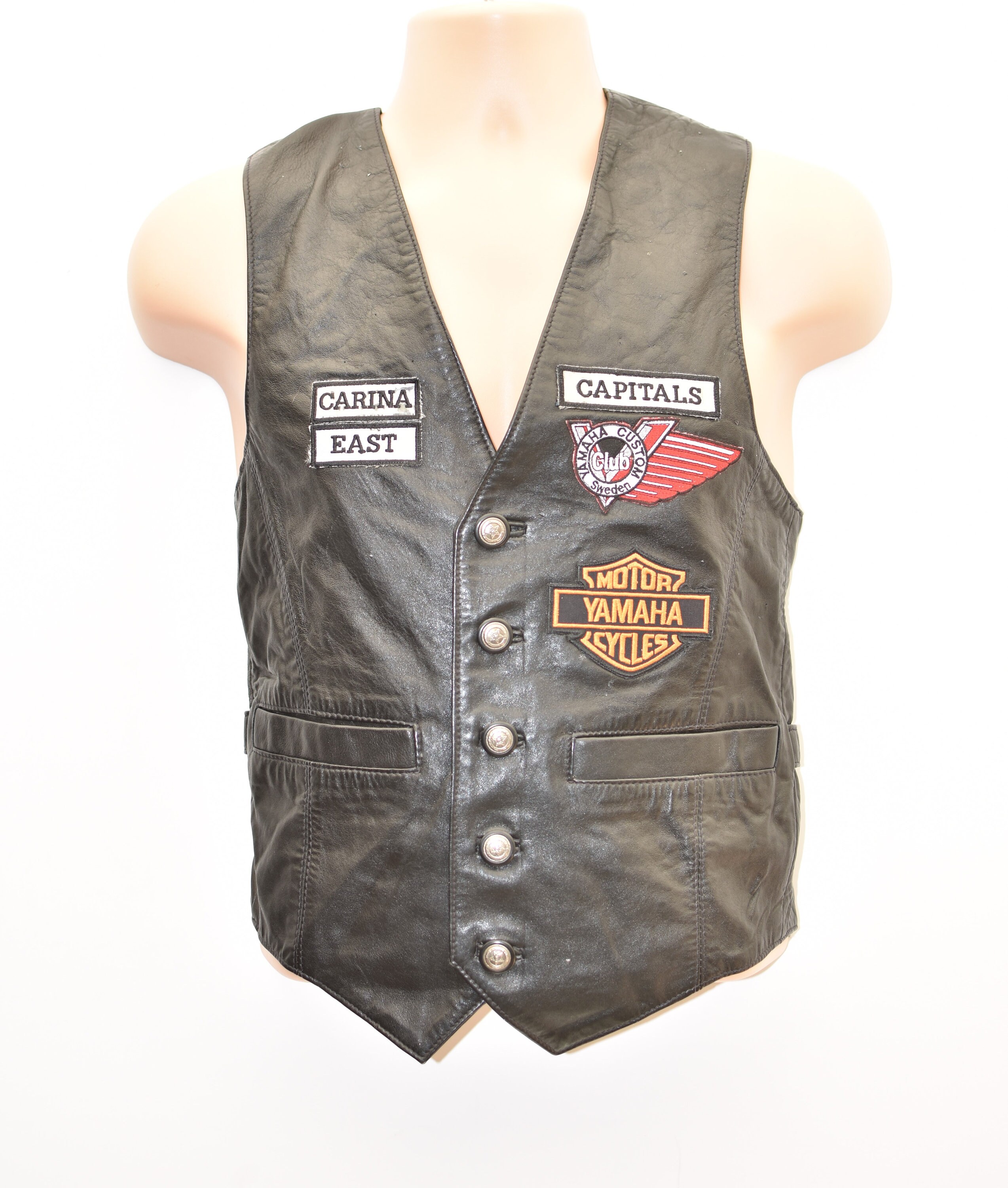 Image of Vintage Black Real Leather Sardar Motorcycle Western Biker Vest Men's Waistcoat Size S
